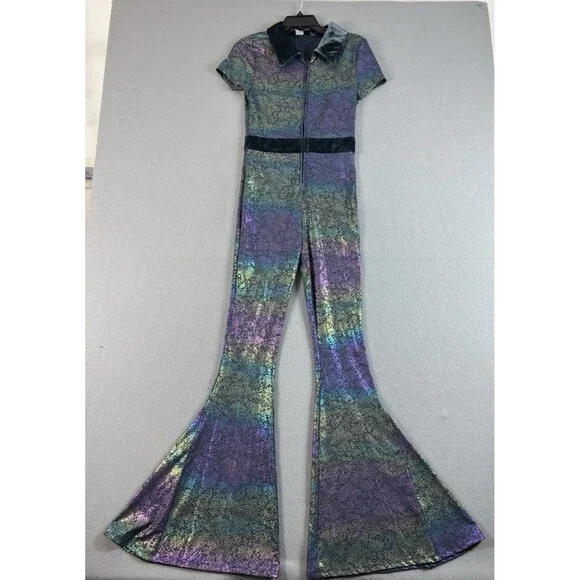 Spirithoods Iridescent Snakeskin Flare Jumpsuit Short Sleeve Collared Medium 1pc - Picture 1 of 16